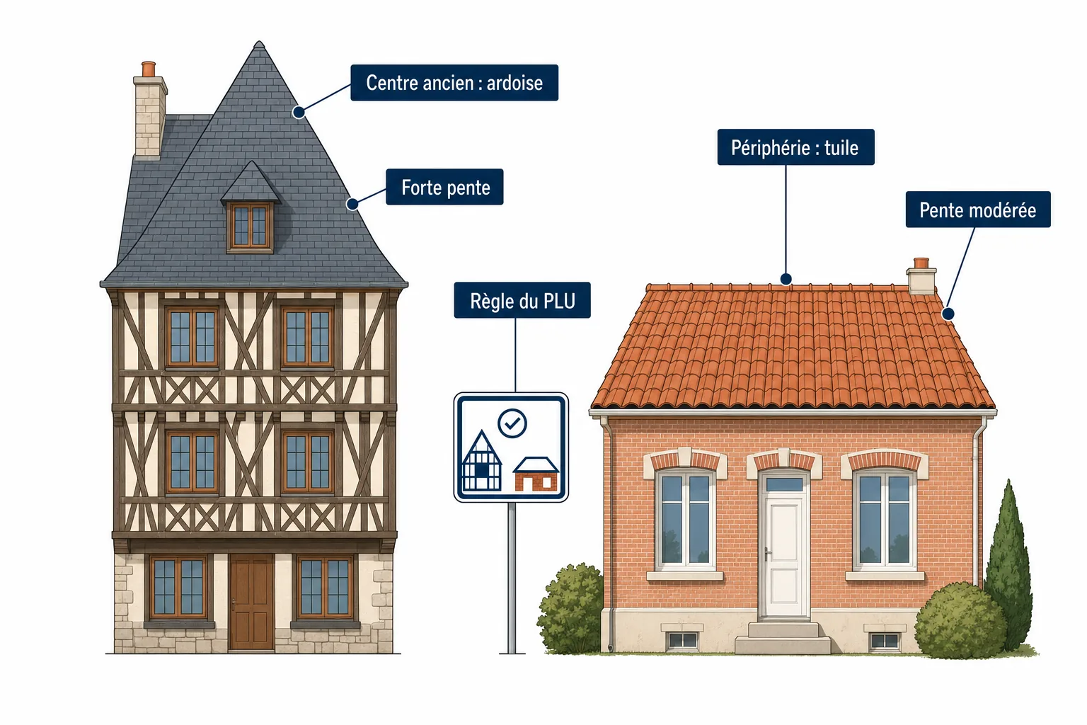 Maison à pans de bois du centre de Rouen couverte d'ardoise à forte pente, à côté d'un pavillon de périphérie en tuile, et le panneau de la règle du PLU