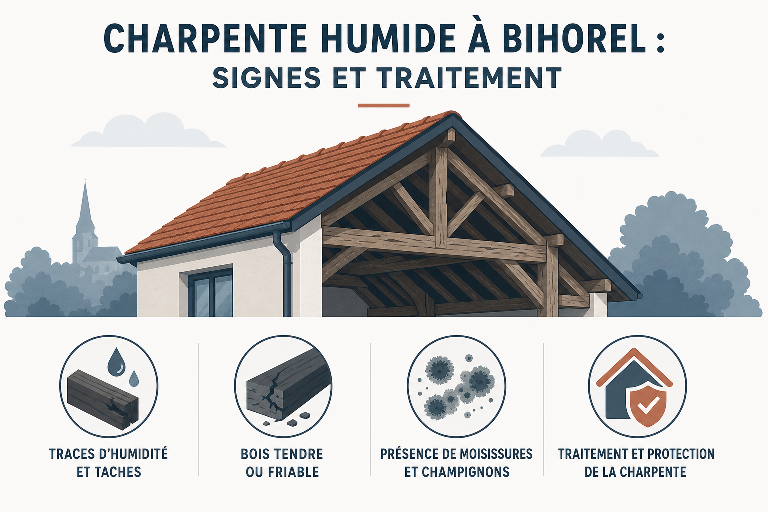 Infographie : Charpente humide à Bihorel : signes et traitement