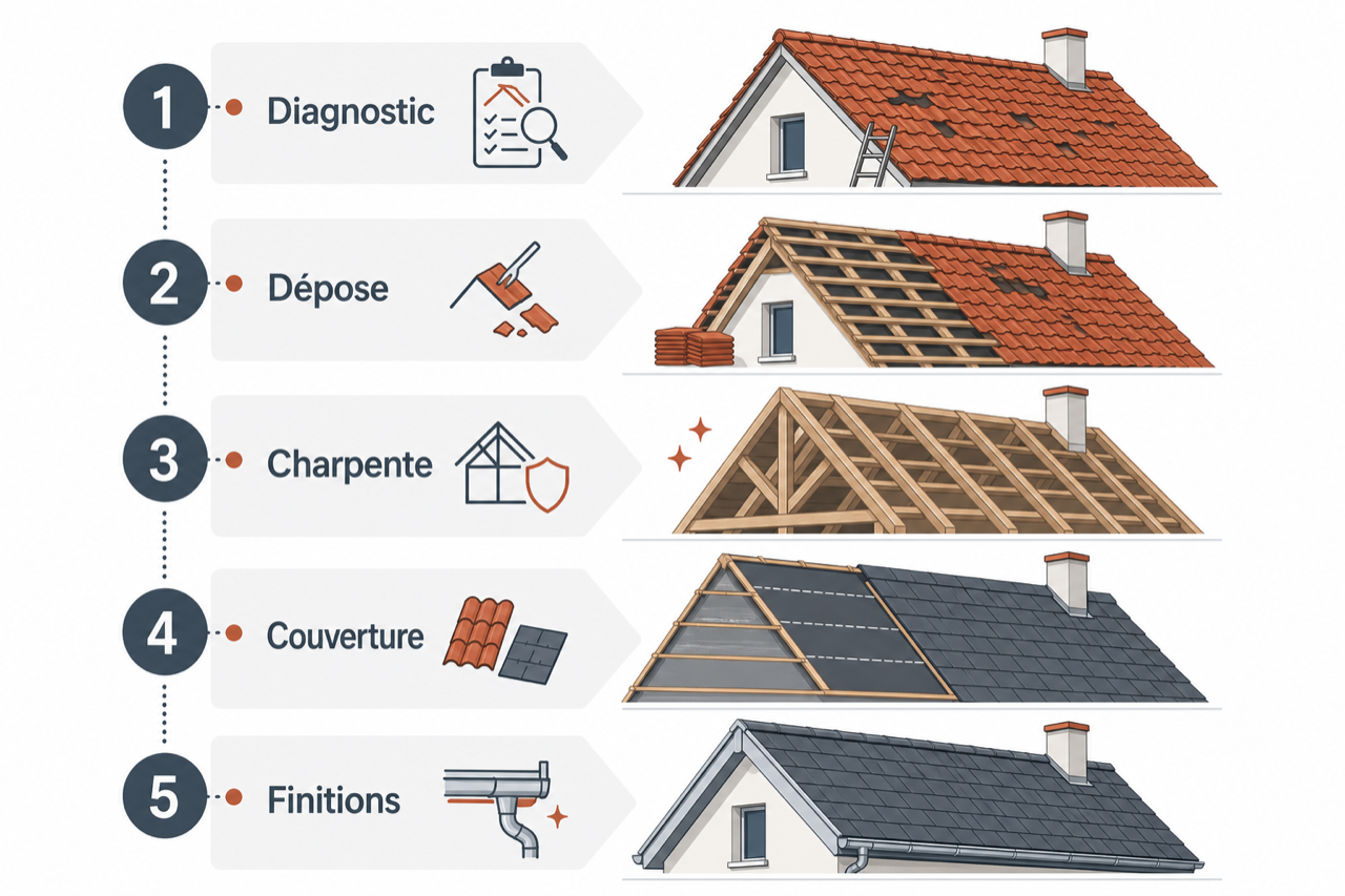 Infographie : Refaire sa toiture à Rouen : signes, matériaux et étapes
